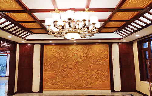 玉林中式别墅客厅中式木作横梁吊顶装饰展示